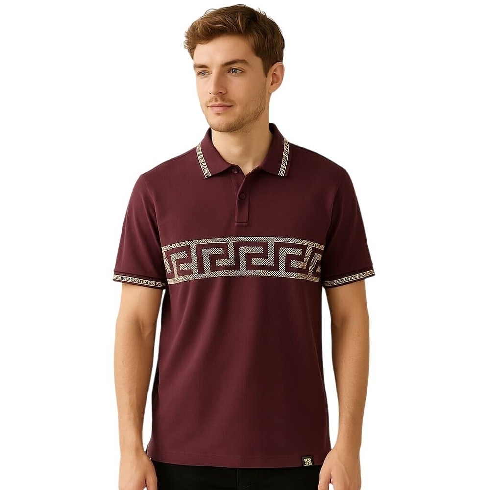 Luxury Casa Burgundy Polo Shirt with Gold Greek Key Pattern Men's M NWT‎